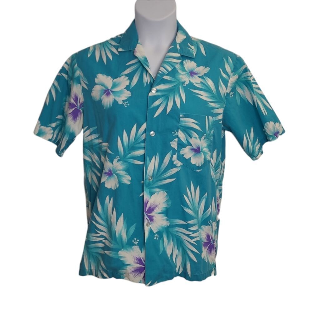 VINTAGE 70s Aikane Hawaii teal floral hibiscus button up shirt S